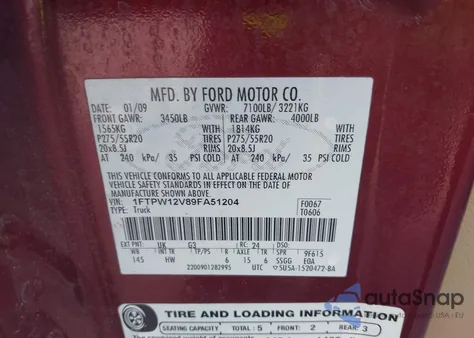 2009 Ford F-150 King Ranch/Lariat/Platinum/Xl/Xlt z USA, uszkodzony, nr VIN 1FTPW12V89FA51204